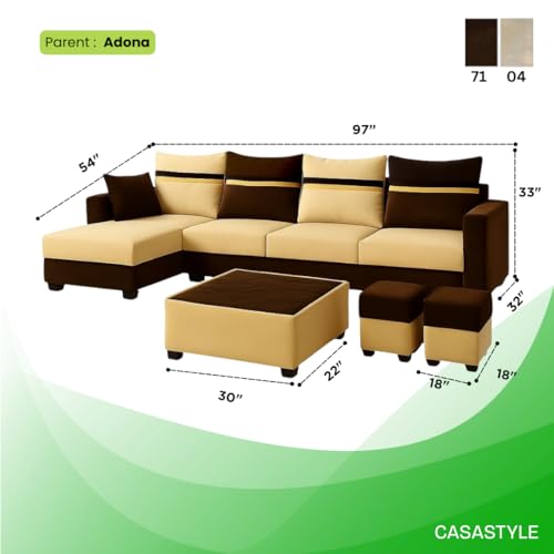 Image of CASASTYLE Wallis 8 Seater Fabric LHS L Shape Sofa Set with 1 Centre Table & 2 Puffy (Cream- Brown) Velvet Finish | Comfortable Sectional Sofa for Living Room