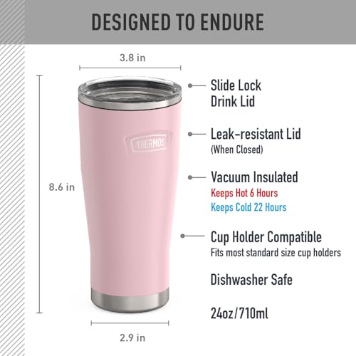 Image of THERMOS Icon Series 24oz Stainless Steel Tumbler with Slide Lock Lid, Leakproof, Fits Cupholder, Dishwasher Safe, Griptec Non‑Slip Base, Keeps Drinks Hot 6 Hrs /Cold 22 Hrs, Sunset Pink