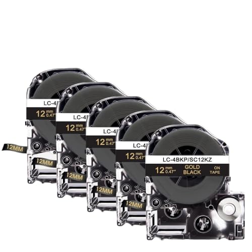 SC12YWLK-4YBP�Ɍ݊����̂���12mm���x���e�[�v5PCS�́A���F��SS12KW���x���v�����^�[��LW 300 400���x�����O�}�V���œ��삵�܂�(Gold on Black)