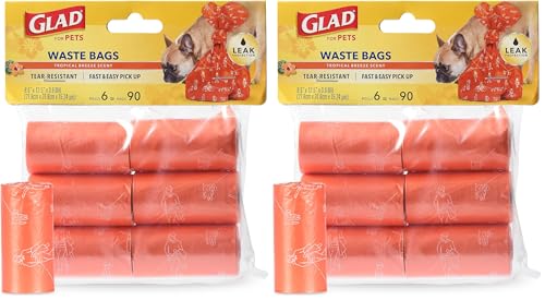 Image of Glad for Pets Heavy Duty Dog Poop Bags, Leak Resistant Dog Waste Bags with Fun Print for Easy Cleanup on Walks, Strong Tear Resistant Pet Waste Bags, Tropical Breeze Scent, 90 Count - 2 Pack