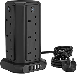 Tower Extension Lead Surge Protected NTONPOWER Switched 12 Gang Plug Board with 4 USB Slots and 1.5 Metre Cable, Electrical Power Board Multi Block 13 Amp Fused-Black