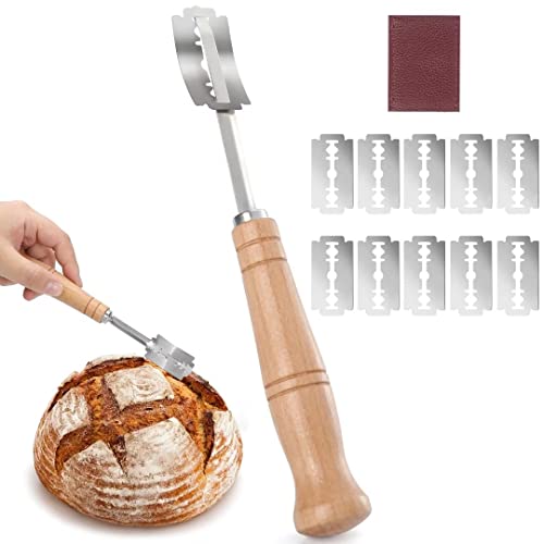 CUNSENR Premium Bread Lame Tool - Hand Crafted Bread Lame Dough Scoring Tool - Easy to Lame Bread & Clean - Stainless Steel Sourdough Scoring Tool - Bread Scoring Tool with Leather Cover(10 Blades)