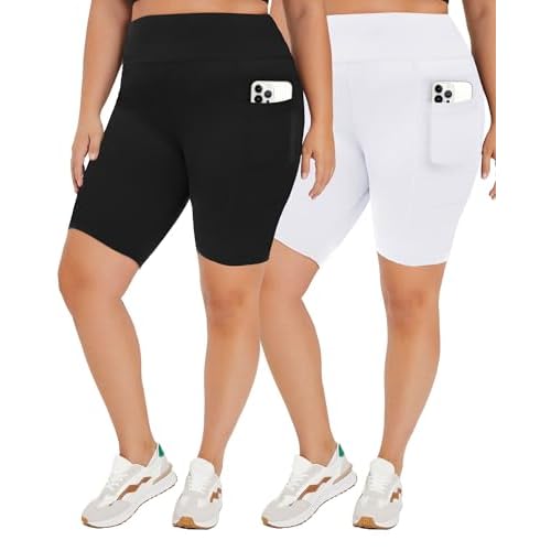 TNNZEET 2 Pack Plus Size Biker Shorts for Women - 8" Black High Waisted Tummy Control Spandex Workout Shorts (XL-4XL) XX-Large Black/White（2 Pockets）