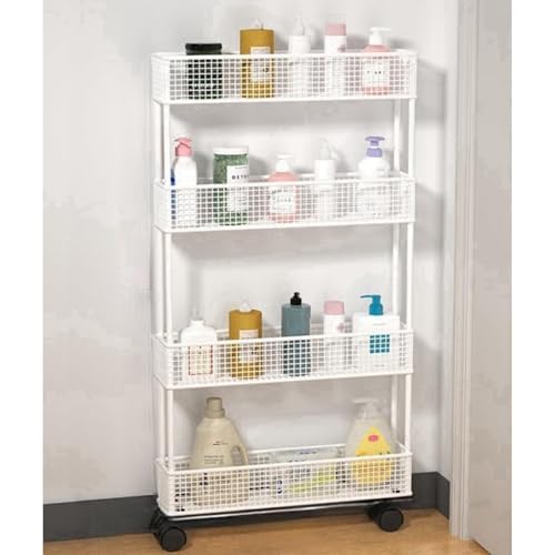 Momgla キッチンワゴン スリム 収納カート 隙間収納 9cm/16cm/スリム キャスター付き 収納ラック 小物 食品 調味料 洗面所 冷蔵庫横 台所 すき間ワゴン 組立簡単 (4層 50*9*98.5cm,ホワイト)