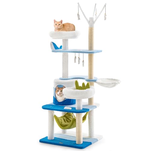 COSTWAY Kratzbaum, Katzenbaum mit Katzenhöhle & Sitzfläche & Ball & Spielzeug & Hängematte, Katzenkratzbaum Ocean-Serie, Katzen Katzenmöbel, Kletterbaum Aktivitätsbaum Spielbaum, Blau (59x49x165cm)