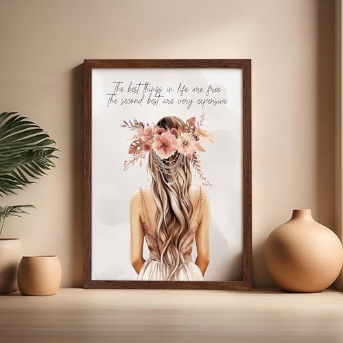 Image of Poster Master The Best Thing In Life Are Free Poster - Fashion Print - Trendy Art - Flower Art - Gift for Women & Fashionista - Funny Glamour Decor for Bedroom or Girl's Room, 16x20 Brown Framed