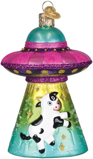 Old World Christmas Cow Abduction Glass Blown Ornament for Christmas Tree, Handcrafted Holiday Decoration, Space Collection