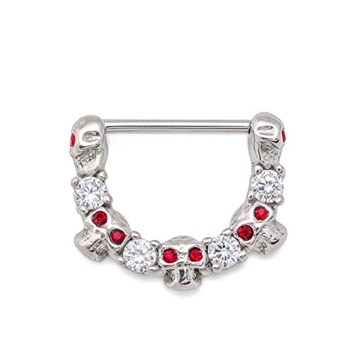 14g Stainless Steel Nipple Jewelry â€” Red Jewel Eyed Skulls and Crystal Jewel Design â€” Clicker Mechanism