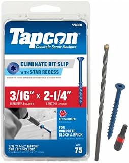 Tapcon 28360 3/16x2-1/4 Blue Star Drive Bugle Head Concrete Anchors 75-Pack - Anti-Slip Masonry Screws