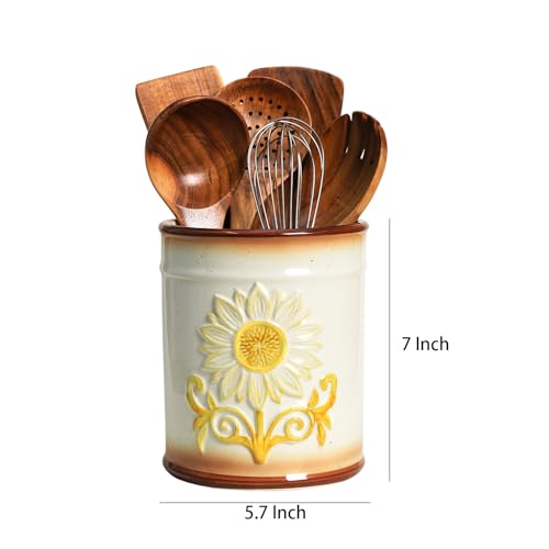 Bicuzat Retro Ceramic Sunflower Embossed Pattern Kitchen Utensil Holder, Large Cooking Utensil Crocks for Kitchen Countertop, Sunflower Utensil Organizer