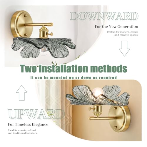 Image of Vintage Bathroom Vanity Light Set of 2 with Dark Green Flower Glass | Art Deco Wall Sconces, Gold Living Room Hallway lighting fixtures, 110V E26 Brass, Supports dimmable bulbs, Easy to install