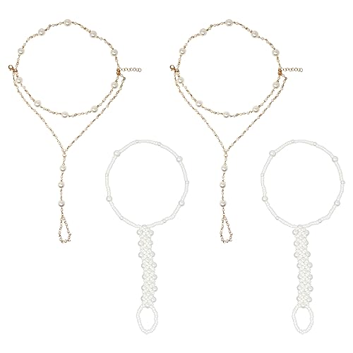 Honbay 2 Pair of Fashion Pearl Anklets with Toe Ring Boho Ankle to Toe Anklets Summer Barefoot Sandals Foot Chain Ankle Chain Foot Jewelry Beach Wedding Ankle Bracelet - 2 Styles