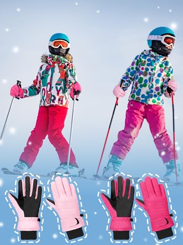 Image of SATINIOR 2 Pairs Kids Waterproof Winter Snow Gloves Ski Gloves for Boy Girl Outdoor Warm Thickening Snowboard
