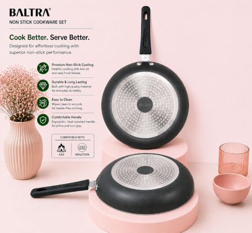 Image of BALTRA Premium Gourmet Non-Stick Cookware 2 Pcs Set | Dosa Tawa and Fry Pan | 100% PFOA Free Coating | Easy Clean, Induction Bottom Non-Stick Coated Set