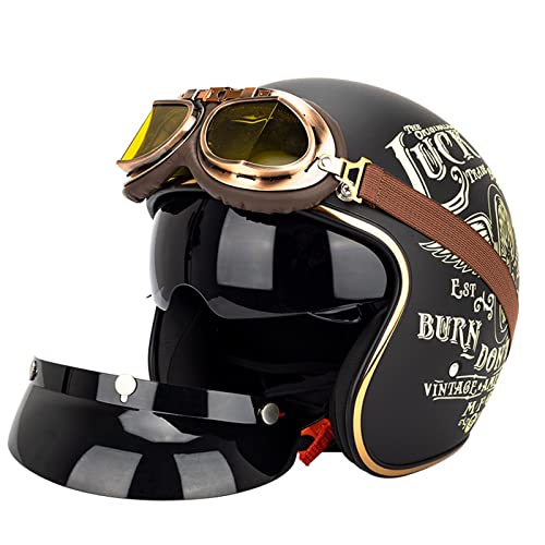 Casque de Moto Ouvert Casque de Moto Homme Femme Casque de Moto Demi-Casque avec Visière et Lunettes de Protection Casque de Moto Jet Rétro Homologué ECE, Dégagement Rapide F,XL Cover