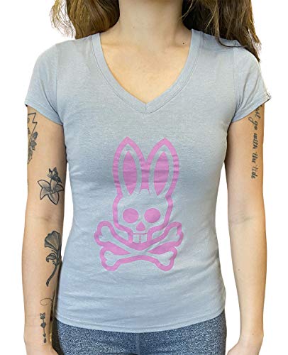 Psycho Bunny Women's Fitted Grande Bunny Tee Logo T-Shirt (Alloy/Currant, Medium)