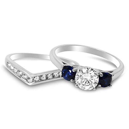 LaRaso & Co His Hers Sterling Blue Sapphire CZ Bridal Wedding Band Engagement Ring Set Him Her Thin Blue Line3