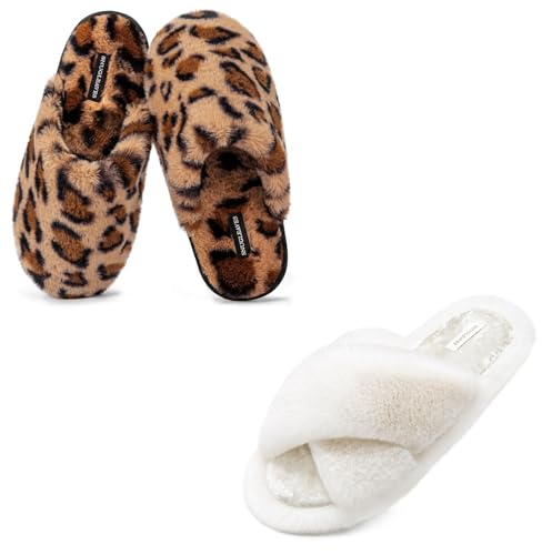 Snug Leaves Women’s Slippers of 2 Pairs - Soft Fuzzy Comfy (Size7-8, White) - Fluffy Cross Band Open Toe (Size7-8, Brown)