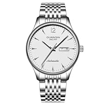GUANQIN Men Calendar Week Luminous Japanese Automatic Self-Wind Mechanical Wrist Watch Sapphire Crystal Business Waterproof Clock Man Vintage Stainless Steel Wristwatch Silver White