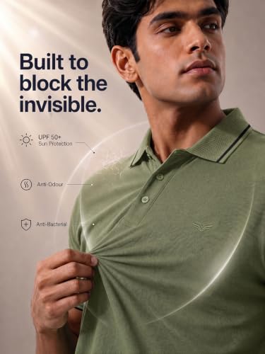 Image of NOBERO Men's Travel Polo T-Shirt | Premium Cotton Stretch Fabric | Anti-Odor & Water-Repellent | UPF 50+ Sun Protection | Regular Fit Polo Collar Casual Wear