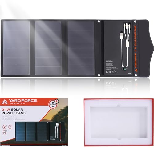 Yard Force Przenośna ładowarka solarna 21 W z 2 portami USB, zintegrowana bateria 13000 mAh, panel słoneczny, cyfrowy wskaźnik baterii – do ładowania urządzeń USB, iPhone, Android, MacBook, LX PB21