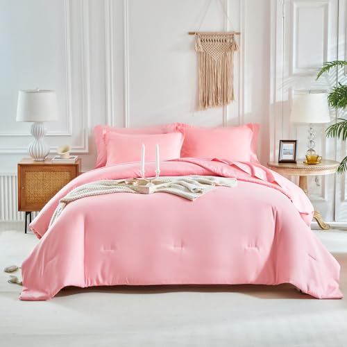 Image of Kids Comforter Sheet Set - Soft and Breathable Bed Set Includes Quilted Comforter, Fitted Sheet, Flat Top Sheet, Pillowcase and Pollowshams For Boys Girls - 6 Pieces Bed in a Bag Twin Szie Pink