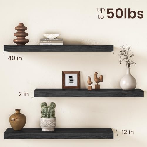 Image of Fun Memories Black 40 Inch Floating Shelves 2 Pack, 12 inch Deep Wall Shelves with Invisible Brackets