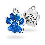 placa grabada para perro CHAPA ACERO INOXIDABLE: estas placas para perro o gato son una pieza plana elaborada en metal de aleación para garantizar su durabilidad y resistencia. Esta chapa en forma de huella tiene una cara decorada con purpurina y la otra es para grabar la información que permita identificar y tener la información de contacto a la vista.