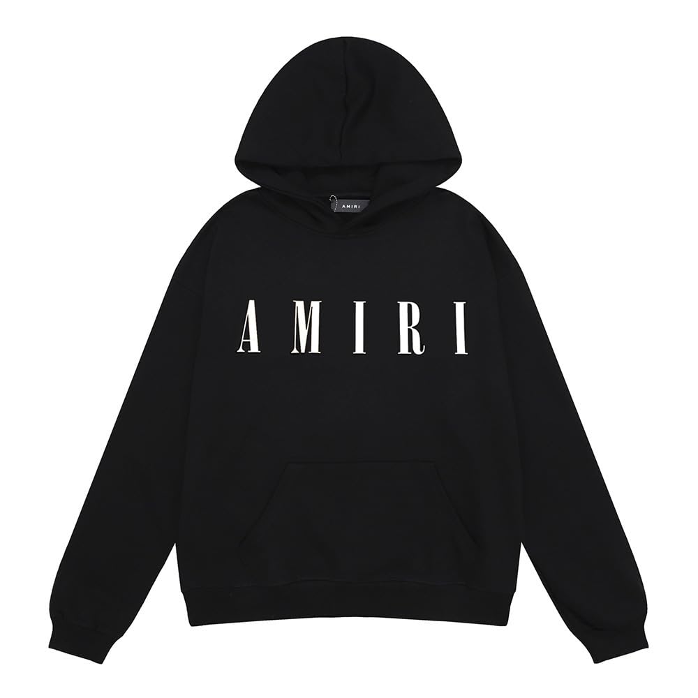 Amiri Hoodie for Men and Women(Style 18), American Classic Letter Print Unisex Oversized Pullover Cotton Sweatshirt, Casual Streetwear with Kangaroo Pocket for Spring/Autumn XL A
