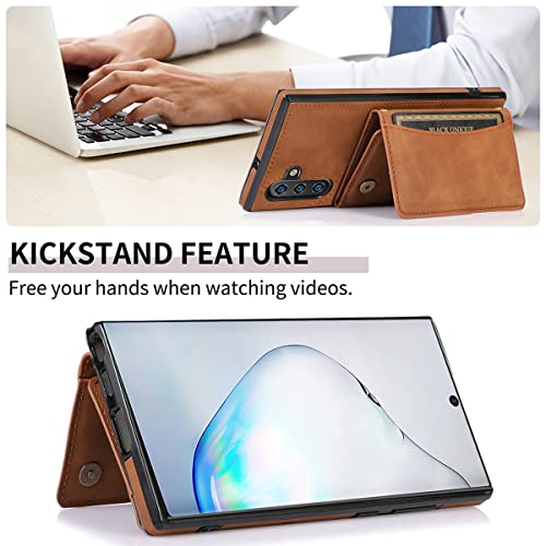 NKECXKJ Design for Samsung Galaxy Note 10 Wallet Case with Tempered Glass Screen Protector PU Leather Credit Card Holder Slot Phone Cases Kickstand Shockproof Protective Cover for Women 6.3 inch Brown