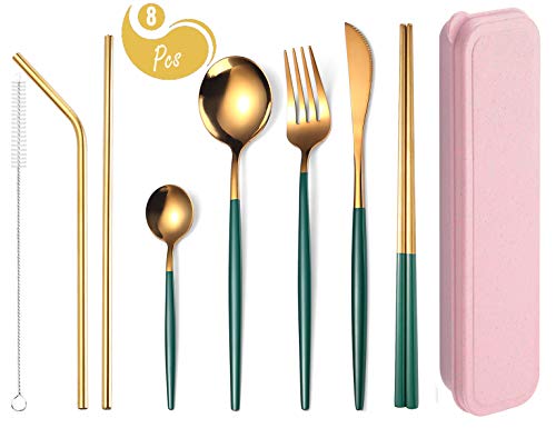 AARainbow 8 Pieces Stainless Steel Flatware Set Portable Reusable Cutlery Set Travel Utensils Set Including Chopsticks Knife Fork Spoon Straws Cleaning Brush Dishwasher Safe Green Golden