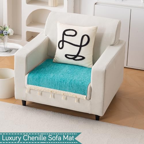Image of HOKIPO 'Serenity Tassel' Chenille 1 Seater Sofa Cover with Tassel - Ocean Teal (IN-890-SBL)