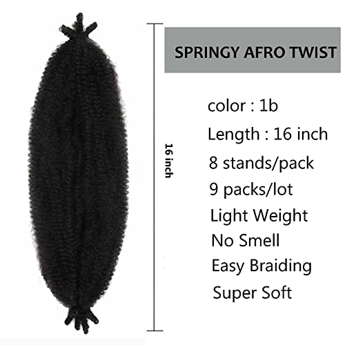 Springy Afro Twist Hair 16 Inc Kinky Twist Braiding Hair Extensions Synthetic Spring Twist Crochet Hair Pre stretched Braiding Hair For Black Women (16 INCH, 1b)