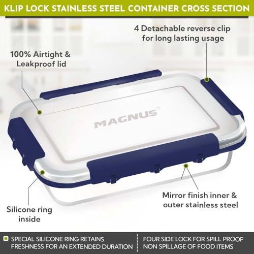 Image of Magnus Dixie Stainless Steel Lunch Box - Airtight & Leak Proof Tiffin, 2 Containers (800ml & 200ml), Ideal Lunch Box for Kids, Lunch Boxes for Office Men, Women & Picnic, Blue