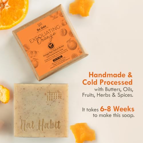 Image of Nat Habit Orange Kokum Butter Bath Soap for Women & Men | Cold Processed With Vit C for Body Acne, Pimple & Oil Control | Improve Skin Tone & Boost Collagen Production| Gentle Exfoliation| 125g X 4