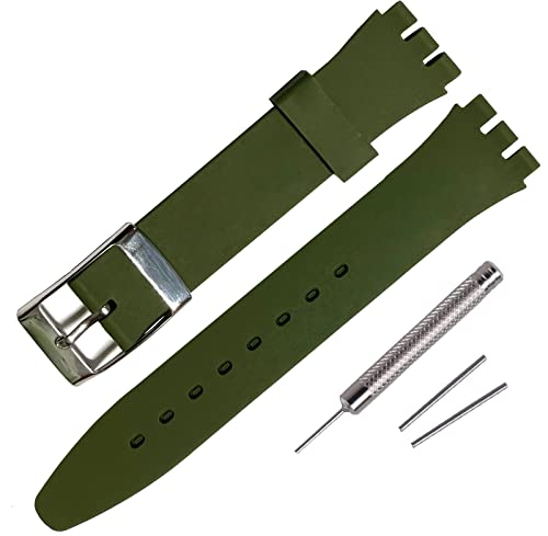 Rihahisy Silicone Rubber Watch Strap/Watch Band Replacement with Stainless steel silver buckle for Swatch (17mm, Army Green)
