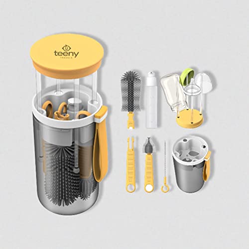 Image of Teeny Travels Baby Bottle Cleaning Kit - Extendable Silicone Cleaning Brush, Built in Drying Rack, Straw Cleaner and Nipple Brush - Easy to Clean, Made for Travel, Family Friendly (Yellow)