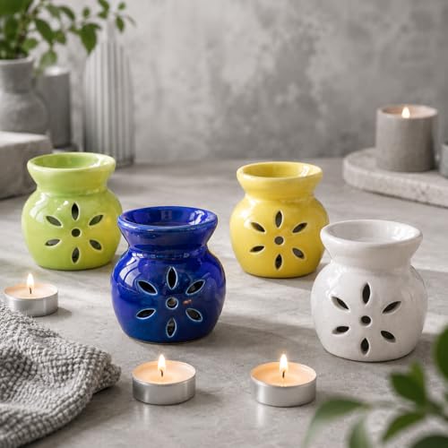 Image of BRAHMZ Ceramic Oil Burner Set of 4 with 20gm Bhimseni Camphor - Aroma Oil Diffuser for Essential Oils, Aromatherapy, Home Fragrance, Meditation, Spa, Yoga & Gifting (with Bhimseni Camphor)