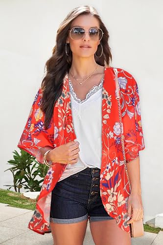 CHICGAL Women's Floral Puff Sleeve Kimono Cardigan Tops