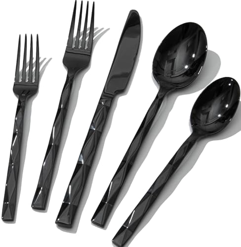 Image of KINGSTONE Black Silverware Set, Luxury 40 Piece Flatware Set for, 18 /10 Stainless Steel Cutlery Set with Diamond Cut Pattern for Kitchen, Home, Wedding, Party, Mirror Polished and Dishwasher Safe
