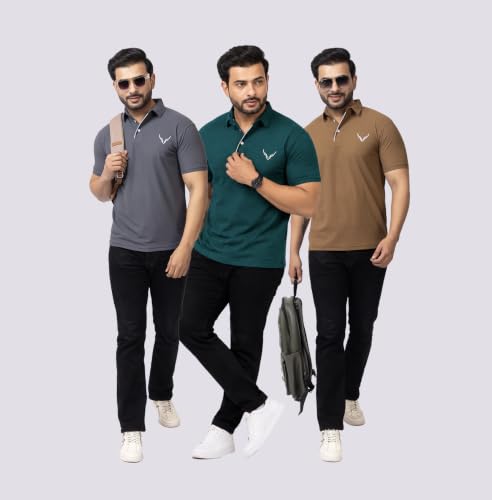 Image of HANABY Men's Summer Polo Solid Half Sleeves Polycotton T-Shirt | Collar Breathable and Comfortable T-Shirt (Pack of 3)