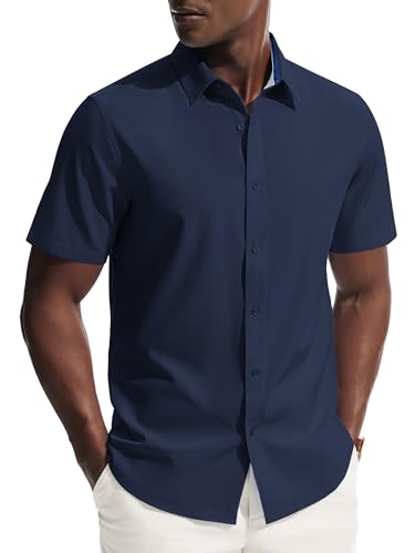 PJ PAUL JONES Mens Short Sleeve Button Down Shirts Wrinkle Free Untucked Dress Shirts for Men Stretch Collared Shirt Solid Regular Fit Navy Blue