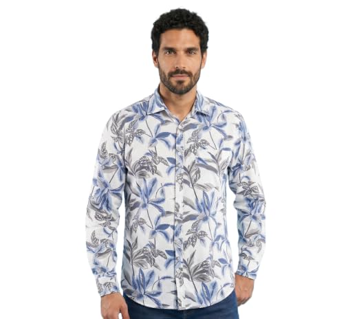Image of UNM Men's Casual Shirt, Tropical Leaf Print on White