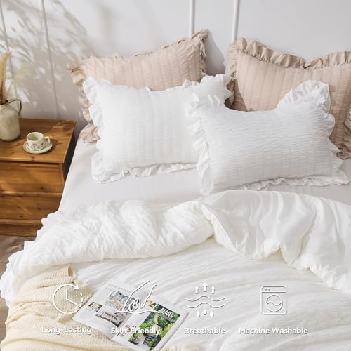 JOLLYVOGUE White Comforter Full Size, 3 Pieces Seersucker Lightweight Full Size Bedding, All Season Fluffy Microfiber Bedding Comforter Set with 1 Ruffle Comforter and 2 Ruffle Pillowshams