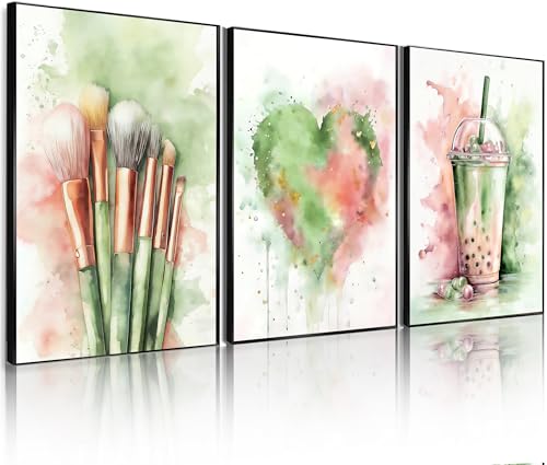Image of Frimeeme Basketball Canvas Wall Art, 4pcs 8x10in Unframed | Boba Tea, Makeup Brushes and Heart, Teen Girls Bedroom Decor