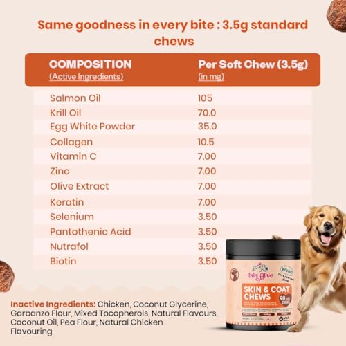 Image of Omega 3 & 6, Salmon Oil Skin & Coat Supplement for Dogs | with Krill Oil, Biotin, Collagen & Zinc | Promotes Shiny, Healthy Coat | 90 Soft Chews