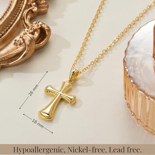Gold Cross Necklaces for Women 14K Gold Cross Necklace for Women Pendant Necklace Womens Fine Dotted Border and Raised Surface Dainty Cross Chain for Womens Faith (16.5''+3.2'')2