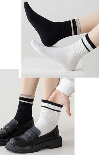 Image of Deeorla Womens Striped Crew Socks Brown Vintage Retro Athletic Socks 5 Pairs