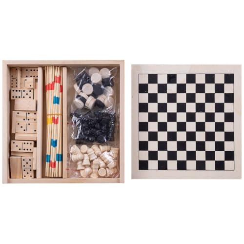 BLUECHOLON Conjunto de mesa 4 em 1, xadrez, senhoras, dominó e ikado, caixa de madeira, 16,5 x 16,5 x 3 cm,