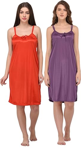 Image of You Forever Women Sexy Satin Striped Solid Above Knee Length Nighty, Loungewear, Nightwear, Sleepwear, Home Wear Short Nighty for Women Pack of 2
